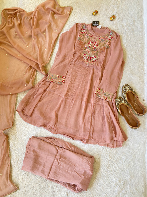 Premium Short Kurti Suit. Full Sleeve Chinnon Short Kurti With Full Flair Palazzo And Dupatta. Silk Suit Sets For Women Online India. Shop the Latest Festive Summer Collection at Shivani Designer Kurti.