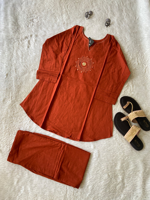 Mirror Work Cotton Co-ord Set With Palazzo. Cotton Co-ord Sets For Women Online India. Shop the Latest Festive Summer Collection at Shivani Designer Kurti.