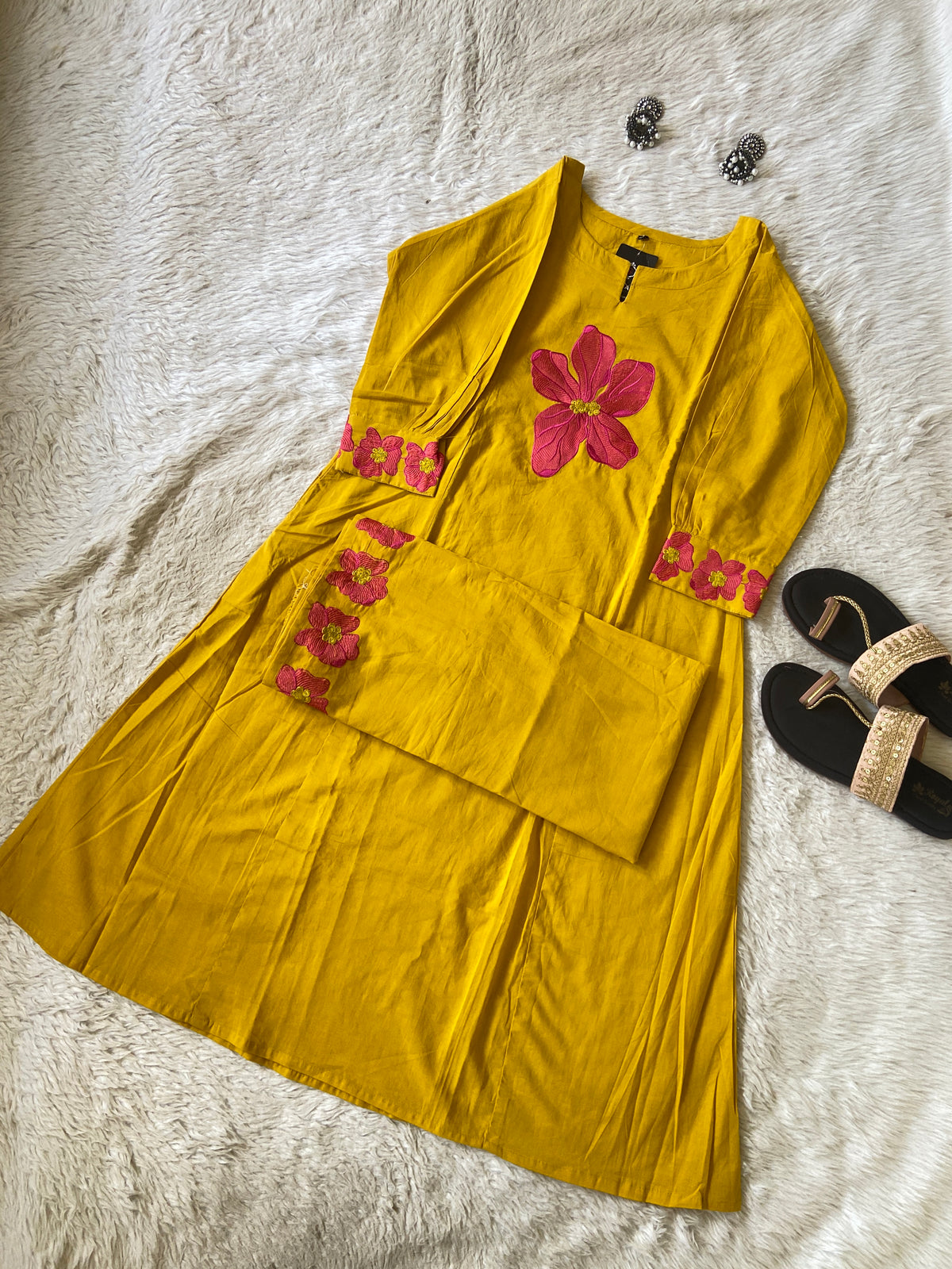 Flower Embroidery Work Cotton Aline Kurti With Palazzo. Cotton Kurti Sets For Women Online India. Shop the Latest Festive Summer Collection at Shivani Designer Kurti.