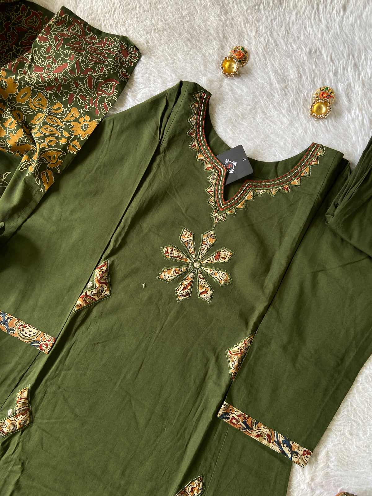 Aplic Work Cotton Aline Kurti, Palazzo And Block Printed Dupatta (Gamthi Pair). Cotton Suit Sets For Women Online India. Shop the Latest Festive Summer Collection at Shivani Designer Kurti.