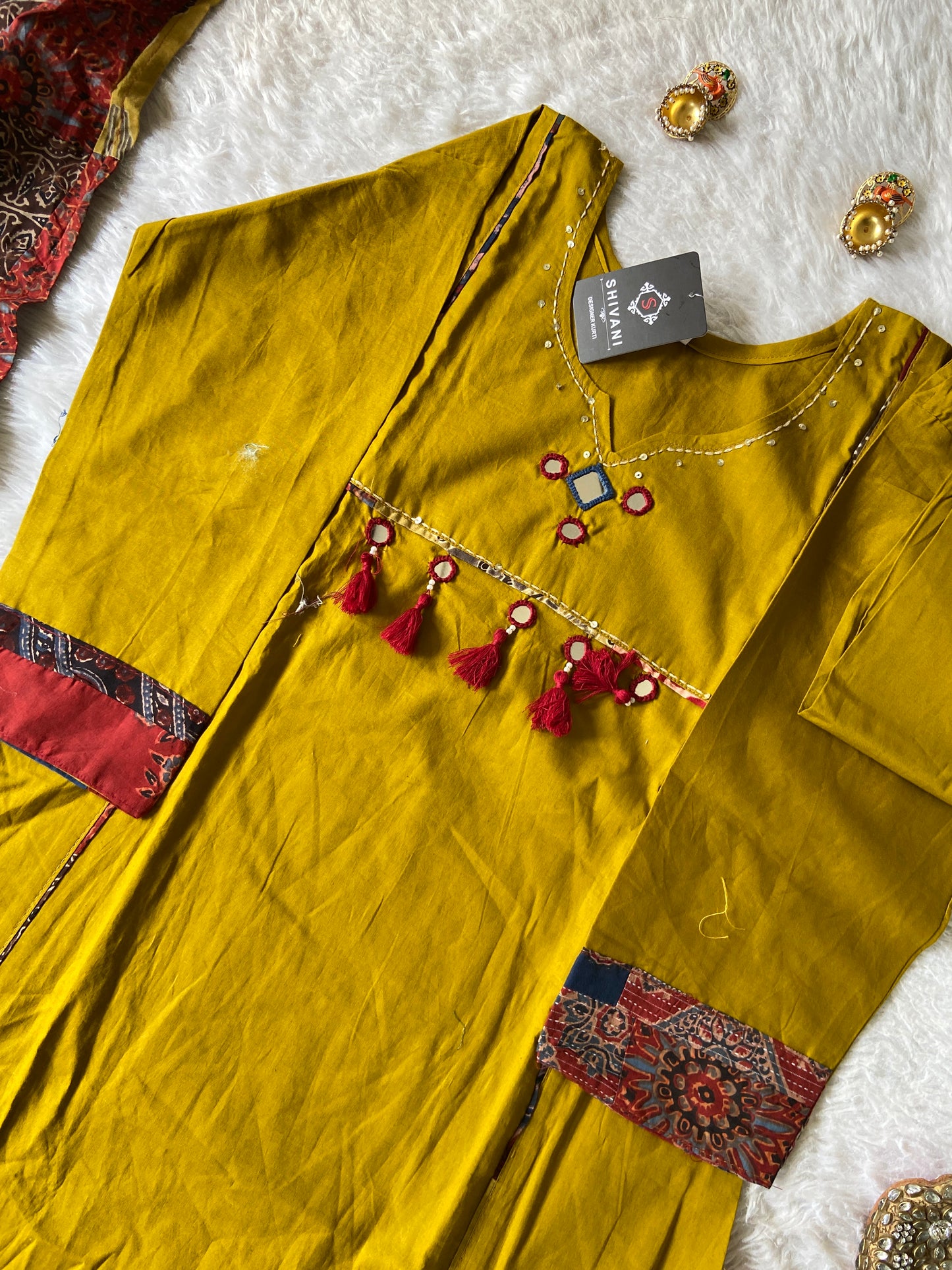 Cotton Hand Work Aline Kurti With Palazzo And Dupatta (Gamthi Pair). Cotton Suit Sets For Women Online India. Shop the Latest Festive Summer Collection at Shivani Designer Kurti.