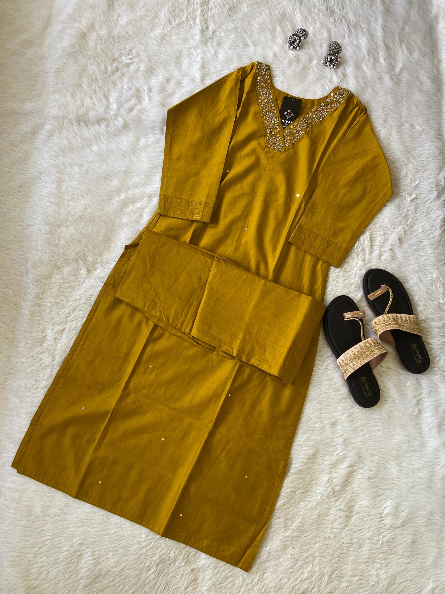 VNeck With Beautiful Handwork, StraightCut Kurti With Palazzo. Silk StraightCut Kurti Sets For Women