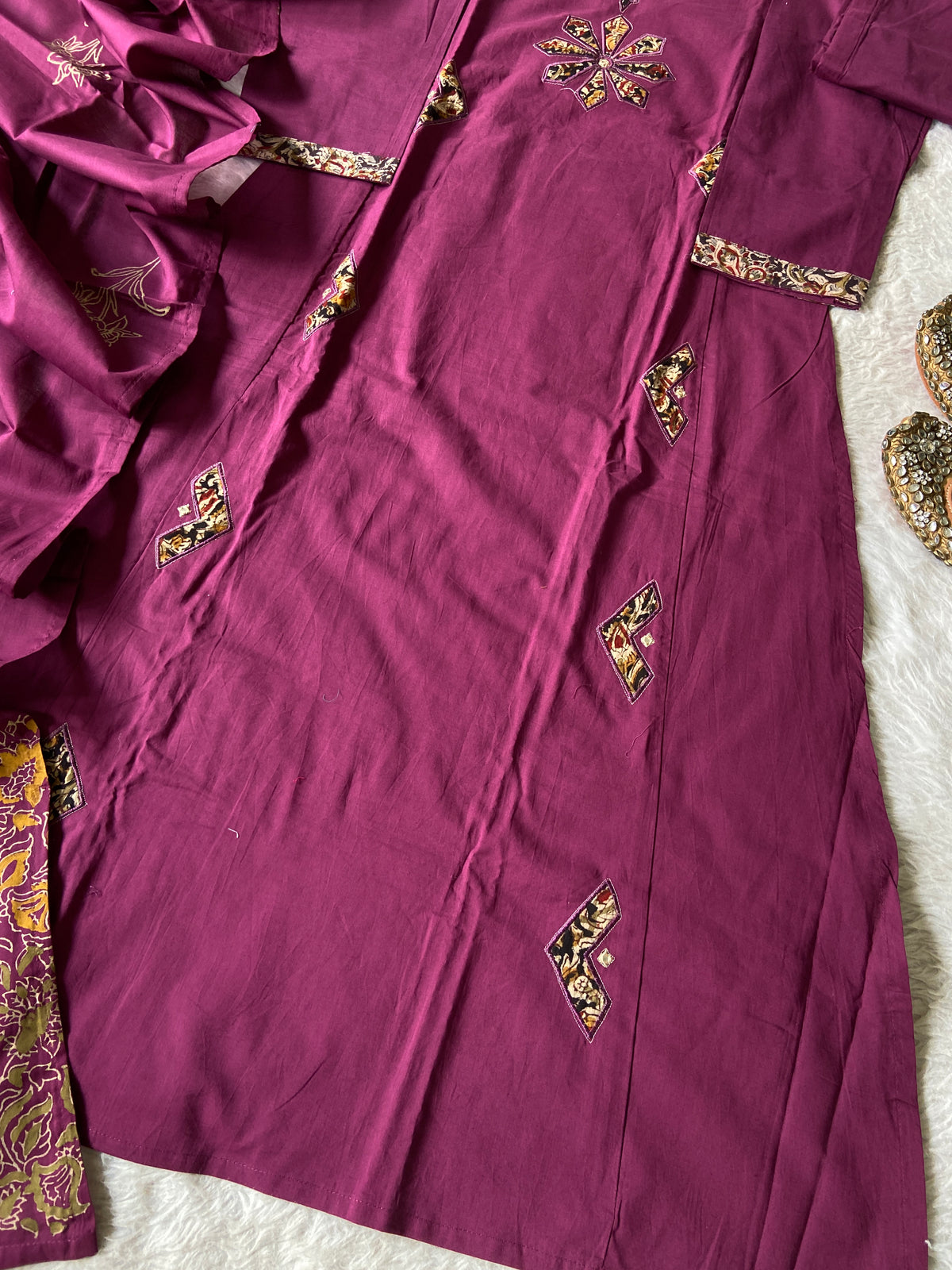 Aplic Work Cotton Aline Kurti, Palazzo And Block Printed Dupatta (Gamthi Pair). Cotton Suit Sets For Women Online India. Shop the Latest Festive Summer Collection at Shivani Designer Kurti.
