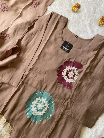 Beautiful Flower Embroidery Work In Aline Kurti With Semi Palazzo And Dupatta. Silk Suit Sets For Women Online India. Shop the Latest Festive Summer Collection at Shivani Designer Kurti.
