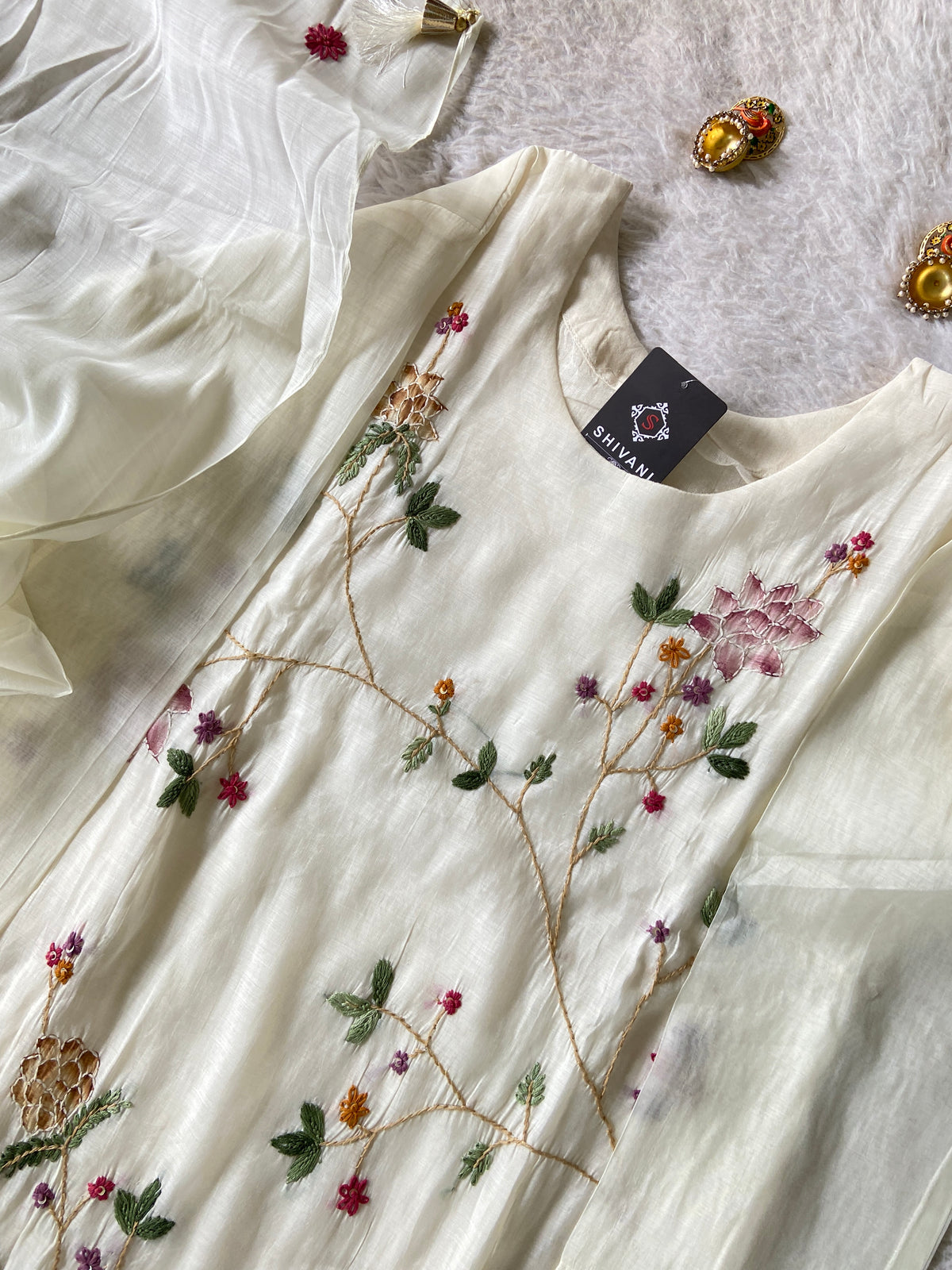 Hand Thread  Work Mul Chanderi Silk Aline Kurti (Lining Available) With Palazzo And Dupatta. Silk Suit Sets For Women Online India. Shop the Latest Festive Summer Collection at Shivani Designer Kurti.