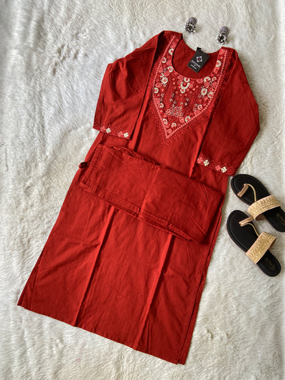 Handwork in Neck Cotton Straight Kurti With Palazzo. Cotton Straight Kurti Sets For Women Online India. Shop the Latest Festive Summer Collection at Shivani Designer Kurti.