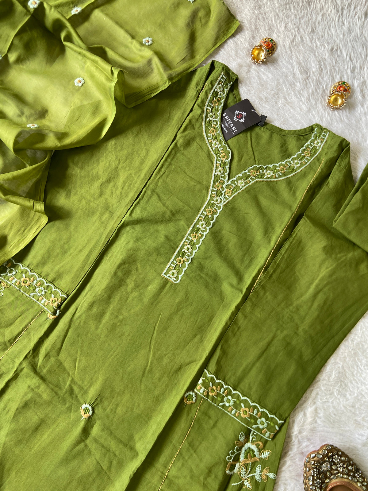 Embroidery Work Cotton Aline Kurti, Pant And Dupatta. Cotton Suits Sets For Women Online India. Shop the Latest Festive Summer Collection at Shivani Designer Kurti.