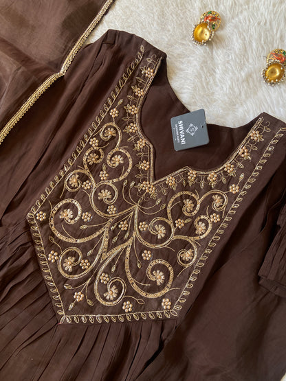 Embroidery Work Mul Chanderi ALine Kurti With Semi Palazzo And Dupatta. Silk Suit Sets For Women Online India. Shop the Latest Festive Summer Collection at Shivani Designer Kurti.