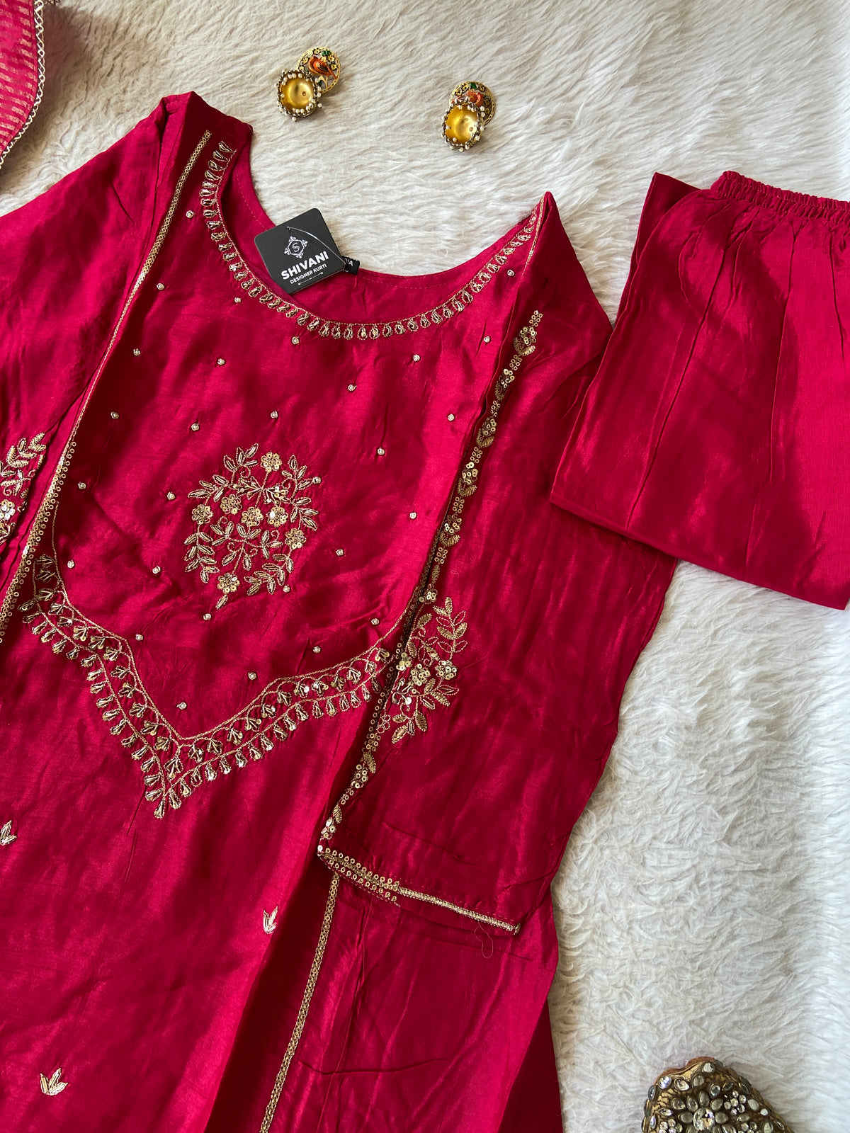 Heavy Neck Work Aline Kurti With Pant And Dupatta. Silk Suit Sets For Women Online India. Shop the Latest Festive Summer Collection at Shivani Designer Kurti.