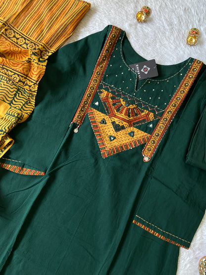 Cotton Hand Work Aline Kurti With Plain Palazzo And Block Printed Dupatta (Gamthi Pair). Cotton Suit Sets For Women Online India. Shop the Latest Festive Summer Collection at Shivani Designer Kurti.