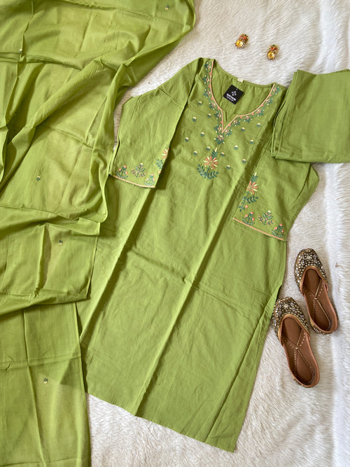 Embroidery Work Cotton Straight Cut Kurti With Pant And Dupatta. Cotton Suit Sets For Women Online India. Shop the Latest Festive Summer Collection at Shivani Designer Kurti.