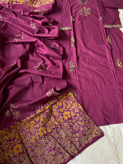 Aplic Work Cotton Aline Kurti, Palazzo And Block Printed Dupatta (Gamthi Pair). Cotton Suit Sets For Women Online India. Shop the Latest Festive Summer Collection at Shivani Designer Kurti.