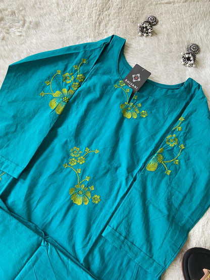 Embroidery Work Cotton Aline Kurti And Palazzo. Cotton Aline Kurti Sets For Women Online India. Shop the Latest Festive Summer Collection at Shivani Designer Kurti.