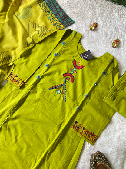 Cotton Hand Work Aline Kurti With Plain Palazzo And Block Printed Dupatta (Gamthi Pair). Cotton Suit Sets For Women Online India. Shop the Latest Festive Summer Collection at Shivani Designer Kurti.