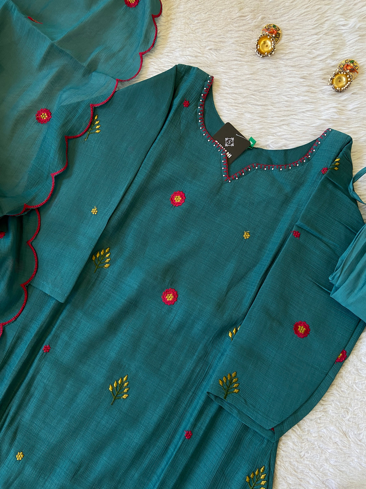Flower Embroidery Work Coral Silk Aline Kurti With Palazzo And Dupatta. Silk Suit Sets For Women Online India. Shop the Latest Festive Summer Collection at Shivani Designer Kurti.