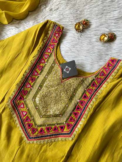 Mirror Work Aline Kurti Palazzo And Dupatta. Silk Suit Sets For Women Online India. Shop the Latest Festive Summer Collection at Shivani Designer Kurti.