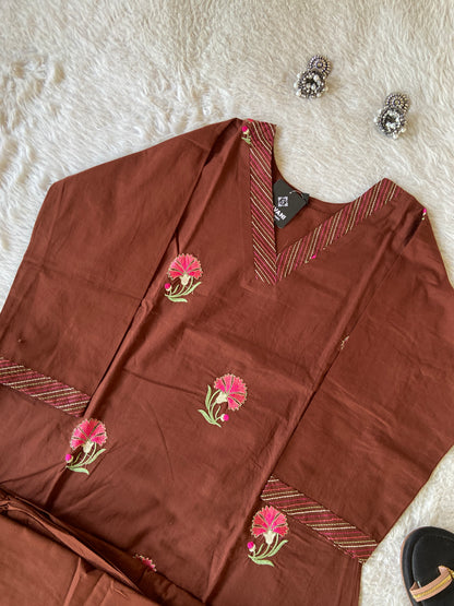 Embroidery Work Cotton Aline Kurti With Full Flair Palazzo. Cotton Kurti Sets For Women Online India. Shop the Latest Festive Summer Collection at Shivani Designer Kurti.