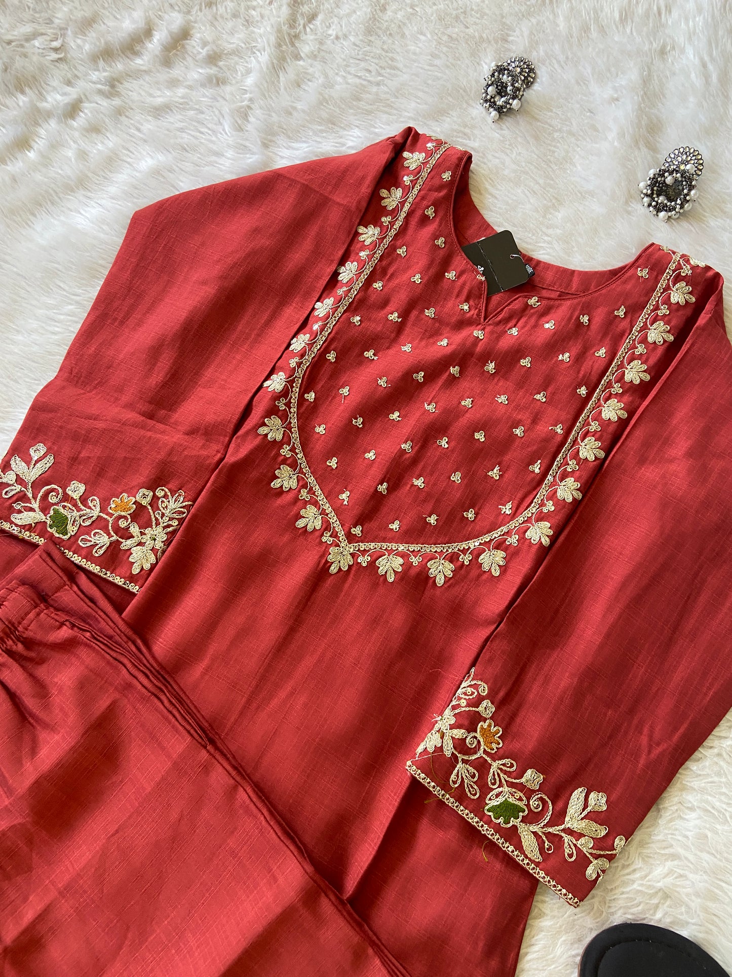 Sleeve Work And Neck Work Kurti With Matching Palazzo, Silk StraightCut Kurti Sets For Women