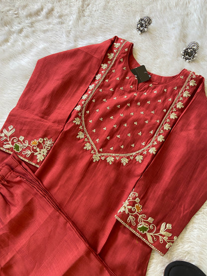 Sleeve Work And Neck Work Kurti With Matching Palazzo, Silk StraightCut Kurti Sets For Women