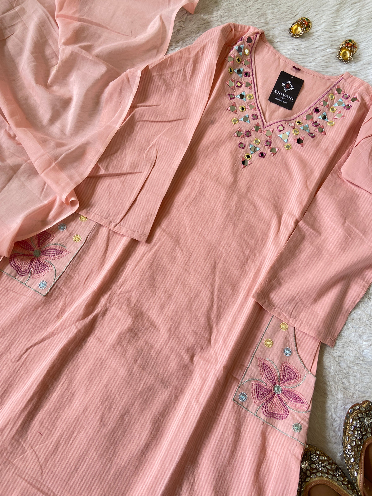 Mirror Work Cotton Straight Cut Kurti With Pant And Dupatta. Cotton Suit Sets For Women Online India. Shop the Latest Festive Summer Collection at Shivani Designer Kurti.