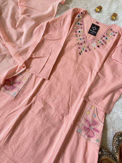 Mirror Work Cotton Straight Cut Kurti With Pant And Dupatta. Cotton Suit Sets For Women Online India. Shop the Latest Festive Summer Collection at Shivani Designer Kurti.