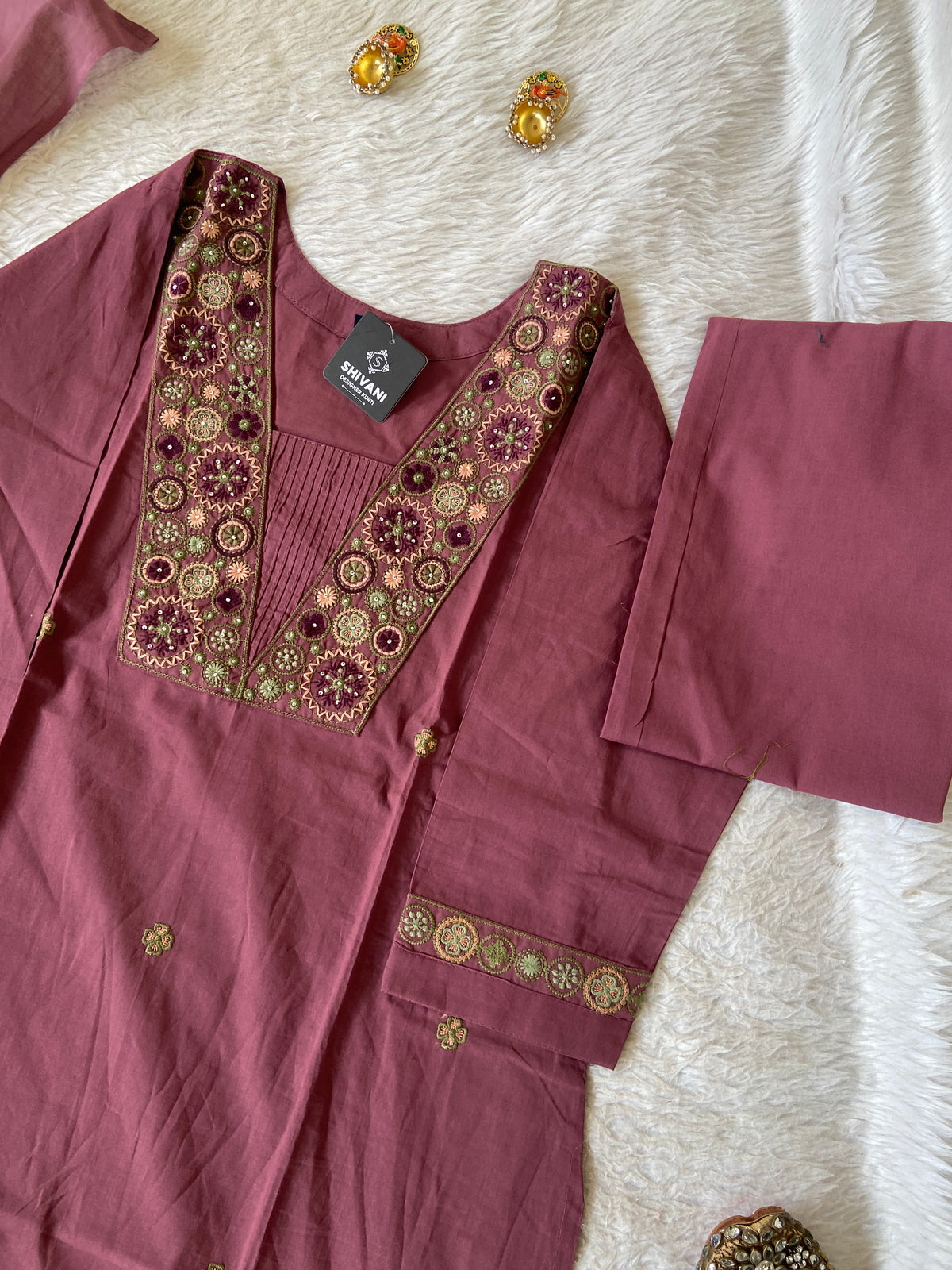 Embroidery Work Cotton Straight Cut Kurti With Pant And Dupatta. Cotton Suit Sets For Women Online India. Shop the Latest Festive Summer Collection at Shivani Designer Kurti.)