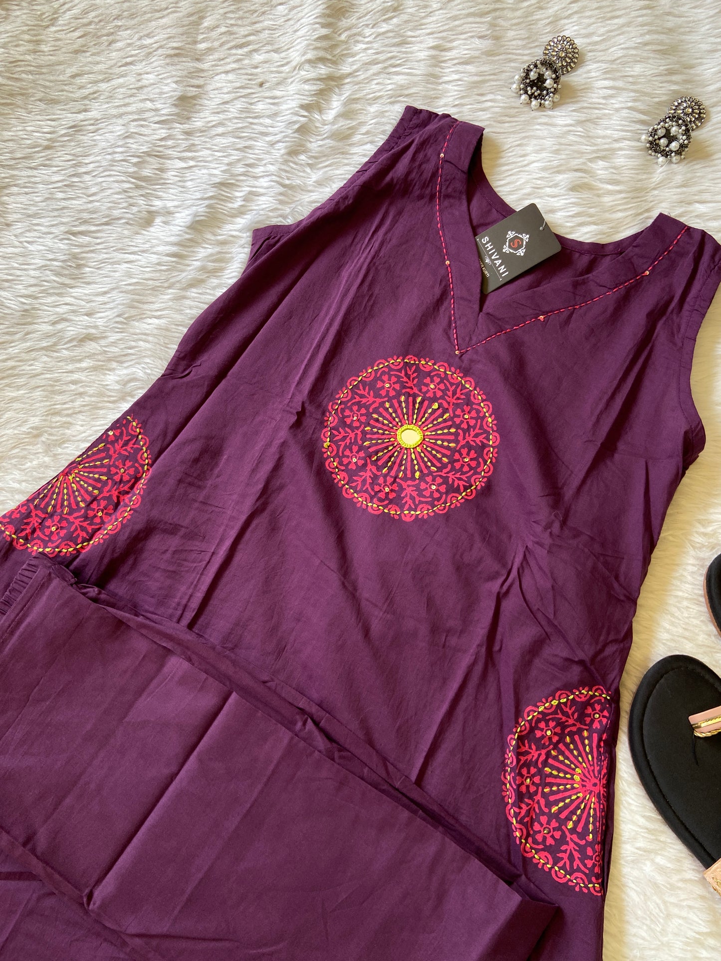 Sleeveless Block Printed Aline Kurti With Palazzo, Cotton Aline Kurtis Sets For Women