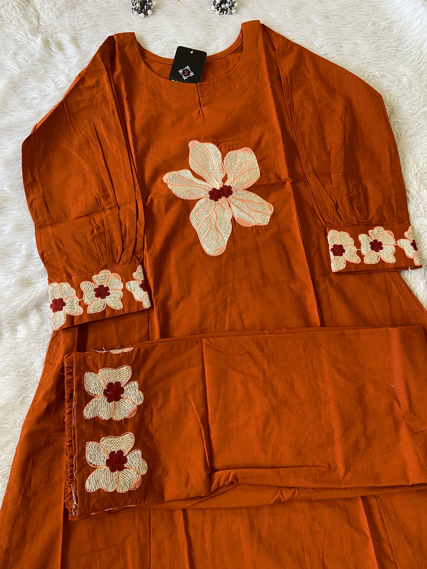 Flower Work In Sleeeve, Palazzo And Neck, Beautiful Aline Kurti With Plain Palazzo. Cotton Aline Kurti Sets For Women