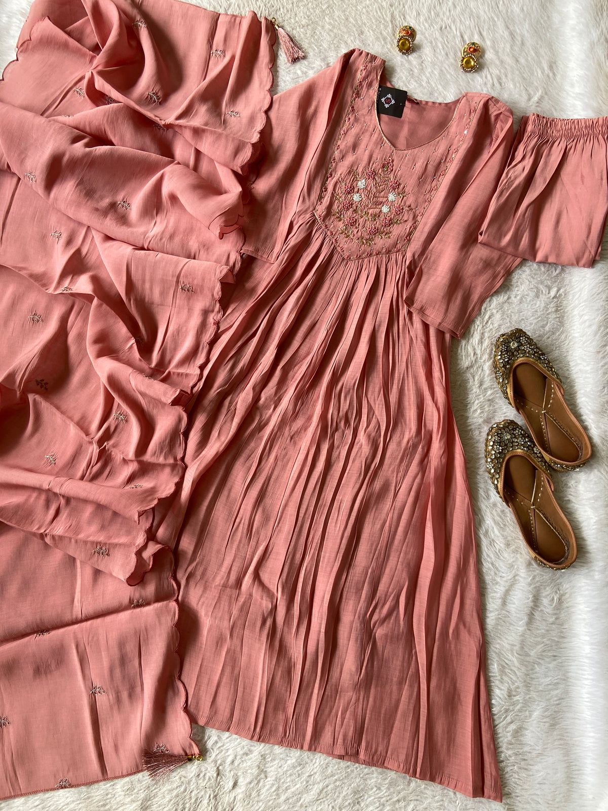 Hand Work Neck, Mul Chanderi Aline Kurti With Palazzo And Dupatta. Silk Suit Sets For Women Online India. Shop the Latest Festive Summer Collection at Shivani Designer Kurti.