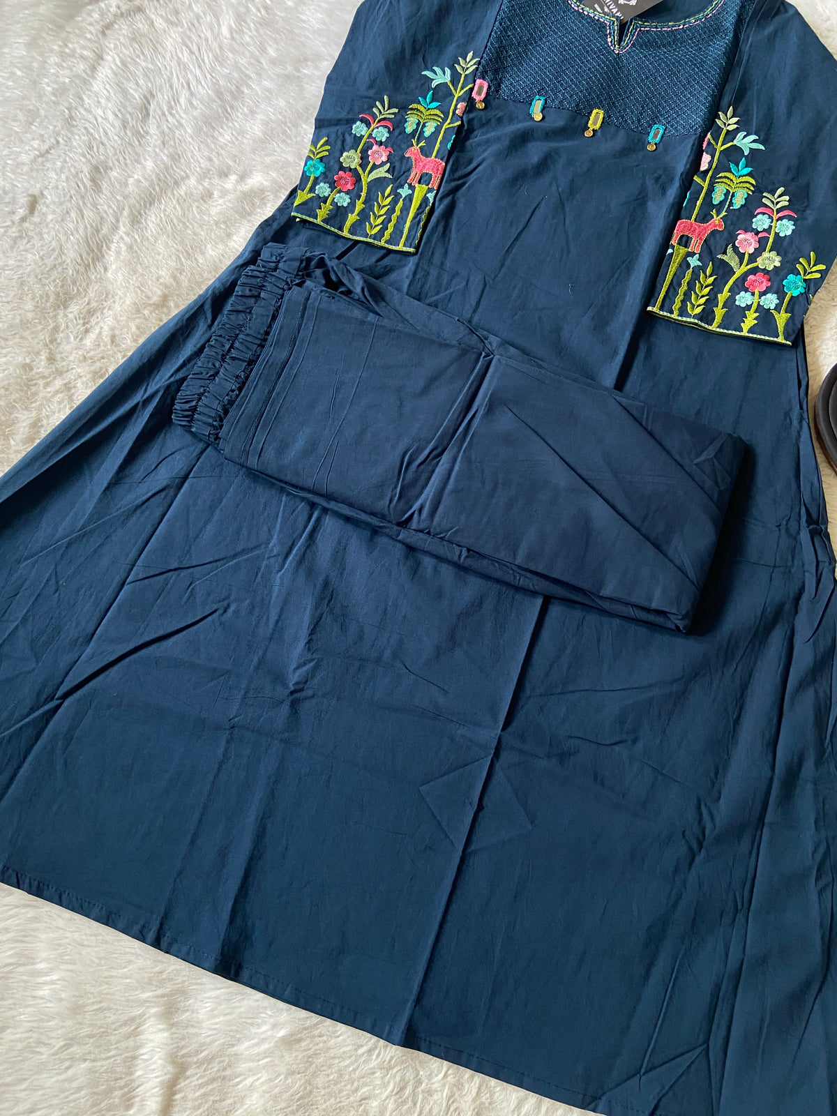 Embroidery Work Cotton Aline Kurti And Palazzo. Cotton Aline Kurti Sets For Women Online India. Shop the Latest Festive Summer Collection at Shivani Designer Kurti.