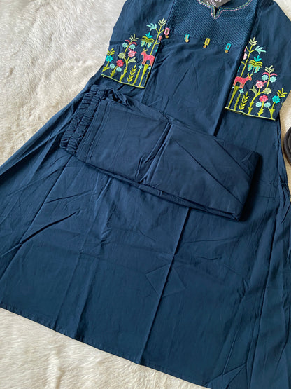 Embroidery Work Cotton Aline Kurti And Palazzo. Cotton Aline Kurti Sets For Women Online India. Shop the Latest Festive Summer Collection at Shivani Designer Kurti.
