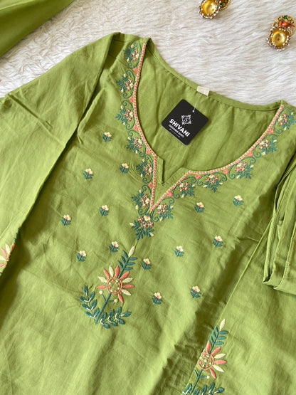 Embroidery Work Cotton Straight Cut Kurti With Pant And Dupatta. Cotton Suit Sets For Women Online India. Shop the Latest Festive Summer Collection at Shivani Designer Kurti.