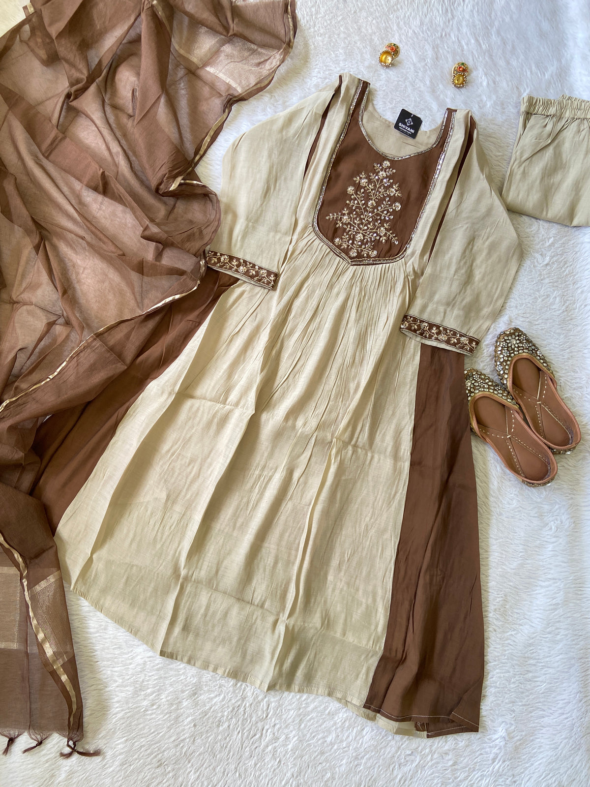 Beautiful Work In Neck, Aline Kurti With Semi Palazzo And Dupatta. Silk Suit Sets For Women Online India. Shop the Latest Festive Summer Collection at Shivani Designer Kurti.