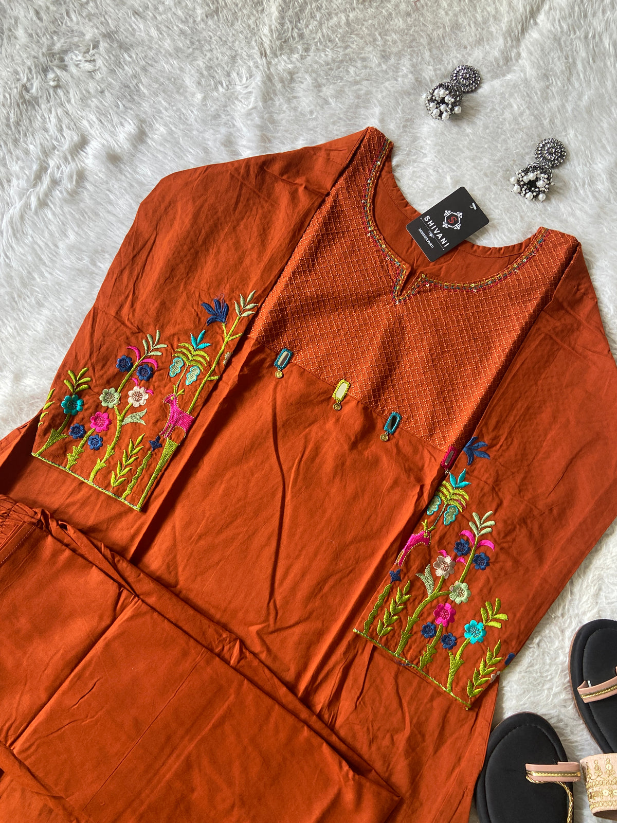 Embroidery Work Cotton Aline Kurti And Palazzo. Cotton Aline Kurti Sets For Women Online India. Shop the Latest Festive Summer Collection at Shivani Designer Kurti.