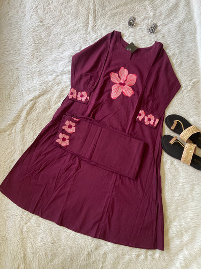 Flower Embroidery Work Cotton Aline Kurti With Palazzo. Cotton Kurti Sets For Women Online India. Shop the Latest Festive Summer Collection at Shivani Designer Kurti.