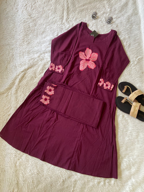 Flower Embroidery Work Cotton Aline Kurti With Palazzo. Cotton Kurti Sets For Women Online India. Shop the Latest Festive Summer Collection at Shivani Designer Kurti.