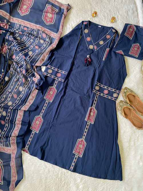 Cotton Aline Kurti With Bell Sleeve, Palazzo And Dupatta. Cotton Suits Sets For Women Online India. Shop the Latest Festive Summer Collection at Shivani Designer Kurti.