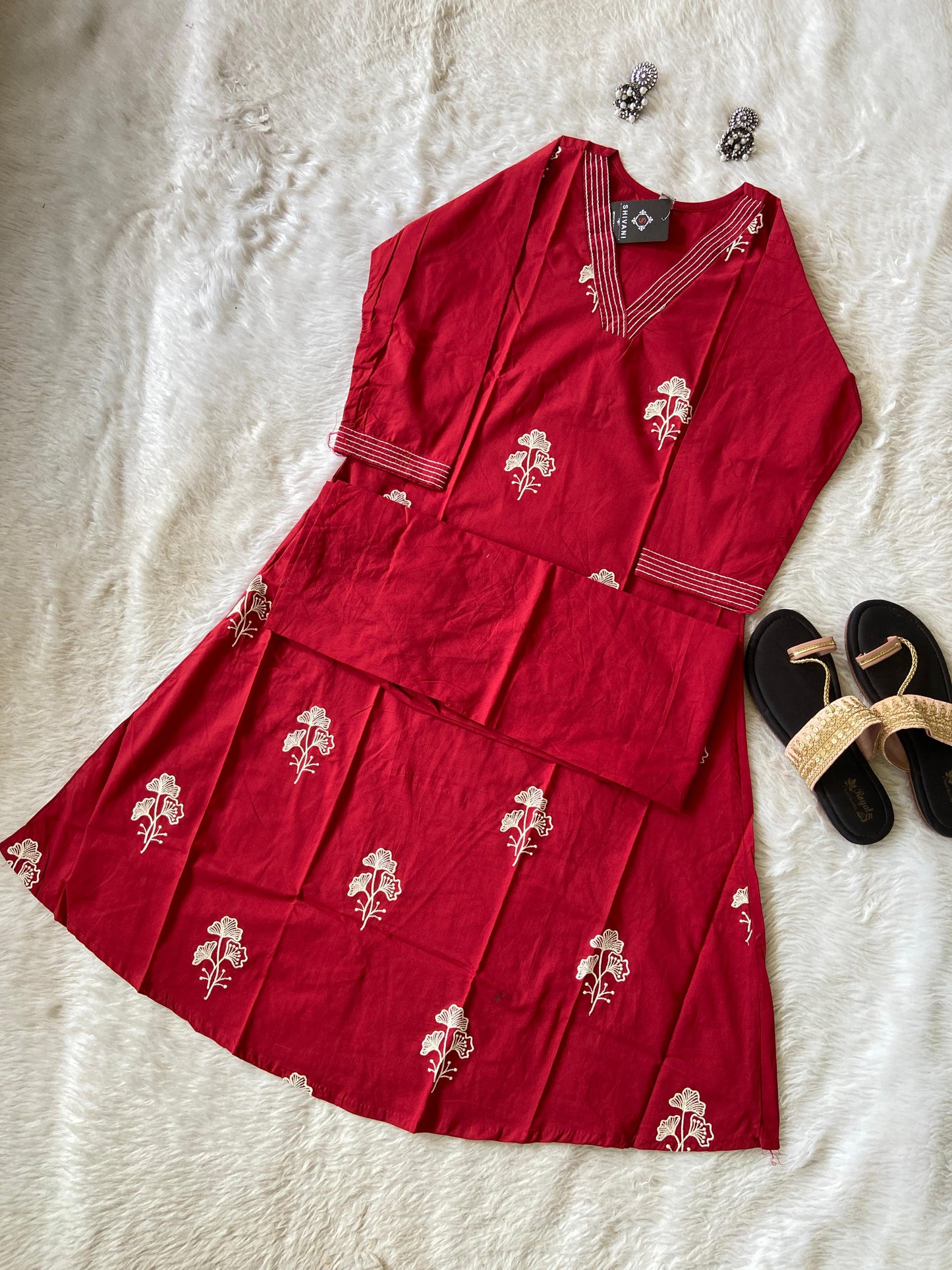 Beautiful Embroidery Work, VNeck Aline Kurti With Palazzo. Cotton Aline Kurti Sets For Women.