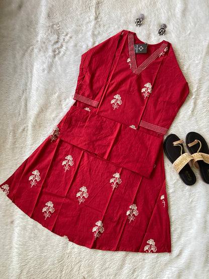 Beautiful Embroidery Work, VNeck Aline Kurti With Palazzo. Cotton Aline Kurti Sets For Women.