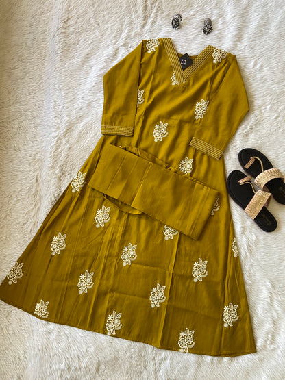 Embroidery Work In Aline Kurti With Matching Palazzo, Silk Aline Kurti Sets For Women