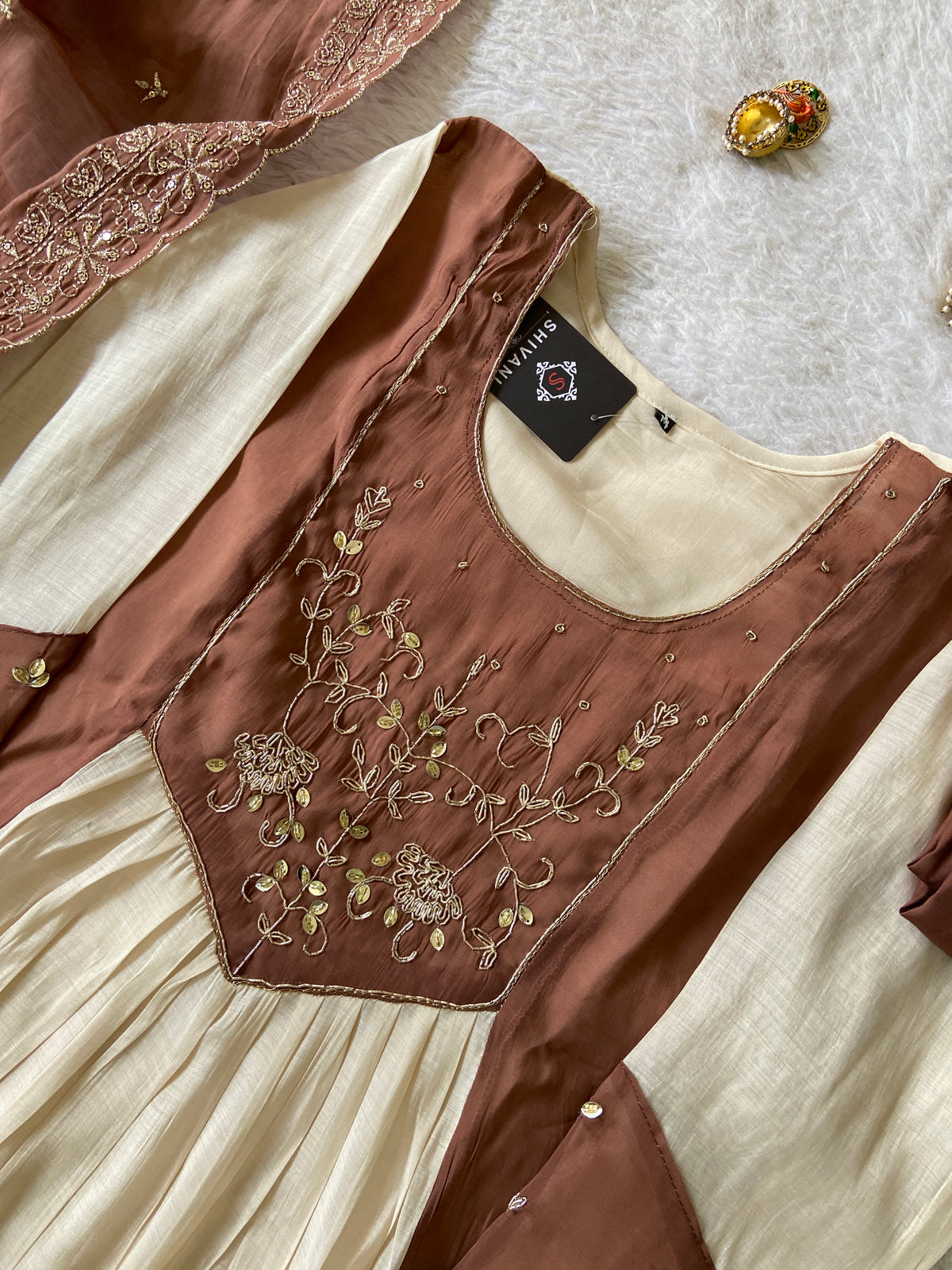 Handwork Aline Kurti With Palazzo And Dupatta. Silk Suit Sets For Women Online India. Shop the Latest Festive Summer Collection at Shivani Designer Kurti.