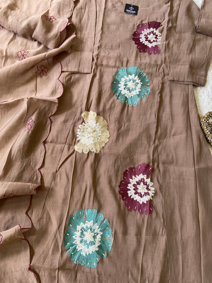 Beautiful Flower Embroidery Work In Aline Kurti With Semi Palazzo And Dupatta. Silk Suit Sets For Women Online India. Shop the Latest Festive Summer Collection at Shivani Designer Kurti.