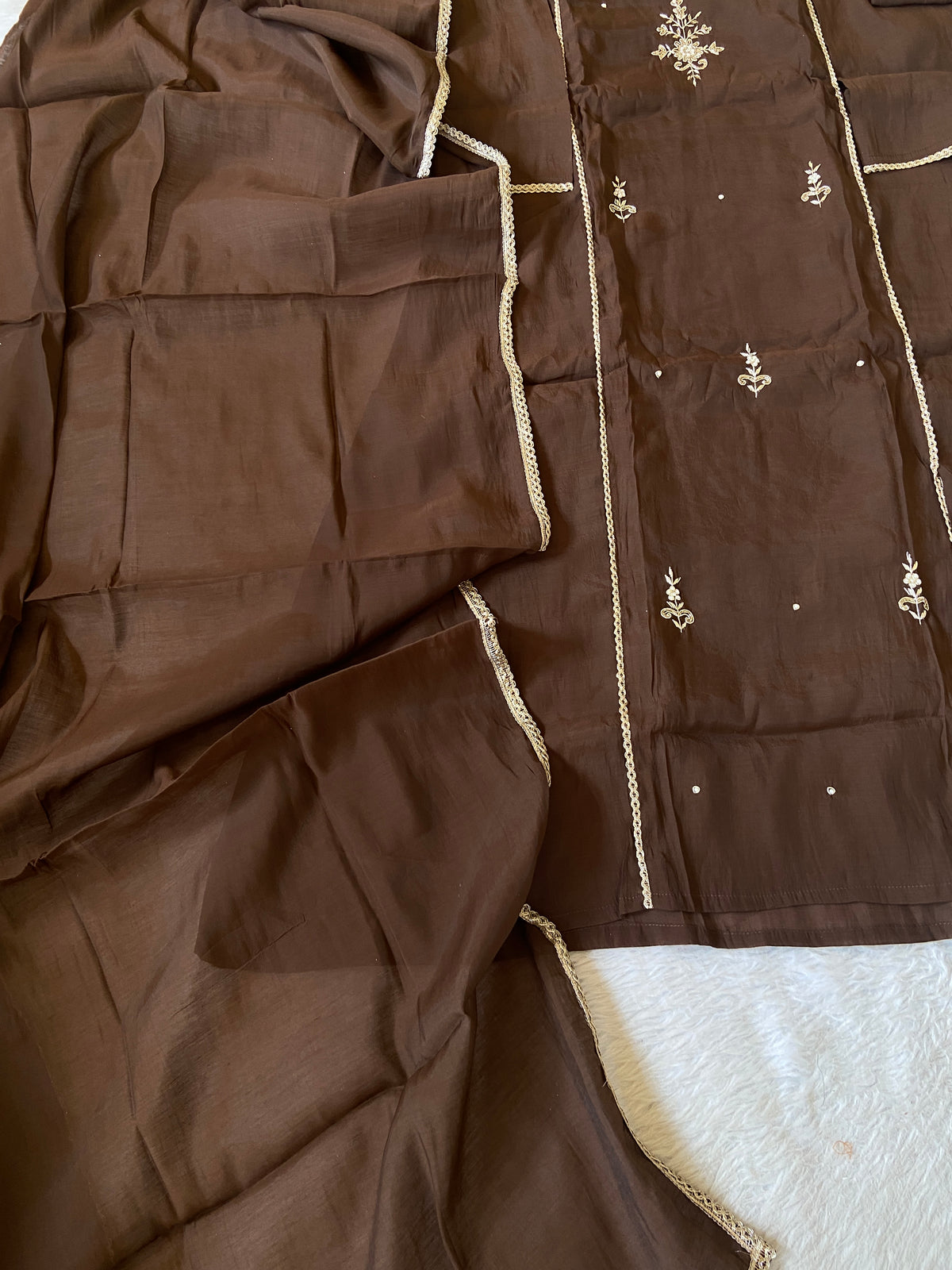 HandWork Work Mul Chanderi ALine Kurti With Semi Palazzo And Dupatta. Silk Suit Sets For Women Online India. Shop the Latest Festive Summer Collection at Shivani Designer Kurti.