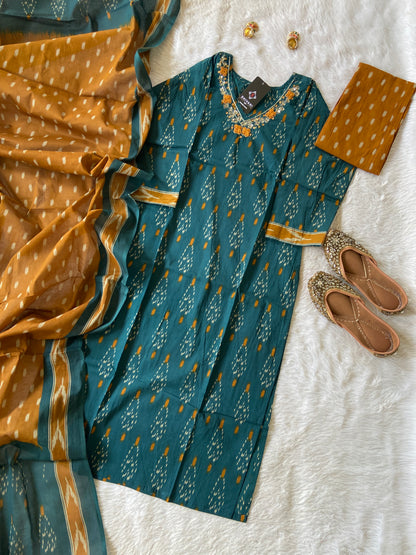 Ikkat Print With VNeck Handwork With Pant And Dupatta. Cotton StraightCut Suit Sets For Women