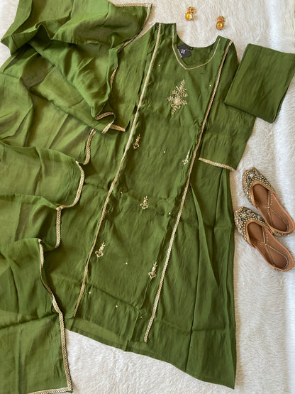 HandWork Work Mul Chanderi ALine Kurti With Semi Palazzo And Dupatta. Silk Suit Sets For Women Online India. Shop the Latest Festive Summer Collection at Shivani Designer Kurti.