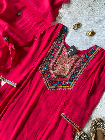 Mirror Work Aline Kurti Palazzo And Dupatta. Silk Suit Sets For Women Online India. Shop the Latest Festive Summer Collection at Shivani Designer Kurti.