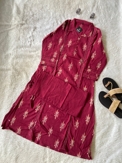 Ikkat Print, Cotton Aline Kurti With Palazzo. Cotton Kurti Sets For Women Online India. Shop the Latest Festive Summer Collection at Shivani Designer Kurti.