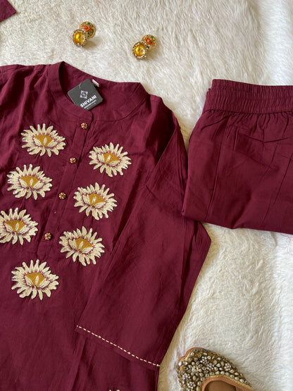 Flower Embroidery Work Cotton Straight Kurti, Pant And Dupatta. Cotton Suit Sets For Women Online India. Shop the Latest Festive Summer Collection at Shivani Designer Kurti.