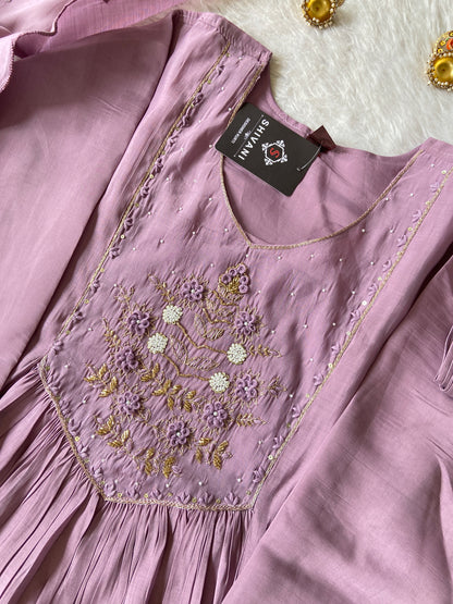 Hand Work Neck, Mul Chanderi Aline Kurti With Palazzo And Dupatta. Silk Suit Sets For Women Online India. Shop the Latest Festive Summer Collection at Shivani Designer Kurti.