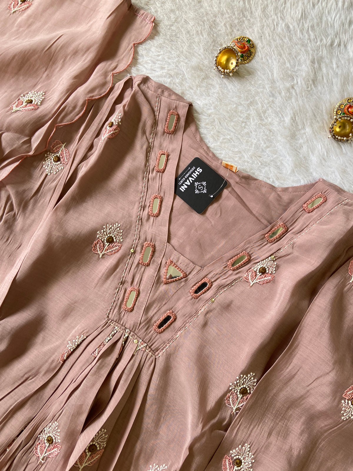 Mirror Work V-Neck With Flower Work Embroidery, Aline Kurti (Full Lining) With Pant And Dupatta. Silk Suit Sets For Women Online India. Shop the Latest Festive Summer Collection at Shivani Designer Kurti.